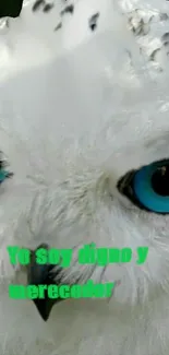 Close-up of a majestic snow owl with blue eyes.