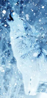 Majestic snow wolf howling in winter snowflakes.