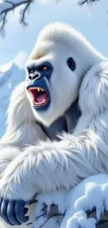 A majestic yeti roars in a snowy mountain setting.