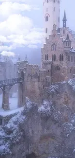 Majestic snowy castle perched on rocky cliff in a serene winter landscape.