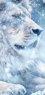 Majestic lion in a snowy winter setting for mobile wallpaper.