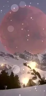 Snowy mountains with a giant pink moon in the sky.