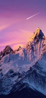 Snowy mountain peak at sunrise with purple hues.