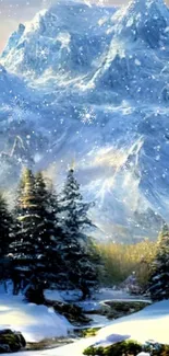 Snowy mountain and forest winter scene, serene landscape.