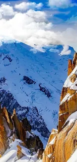 Snowy mountain range with blue sky background, perfect for mobile wallpaper.