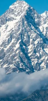 Majestic snow-covered mountain peak with blue sky.