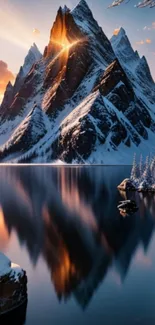 Snowy mountain reflected in a serene lake at sunset.