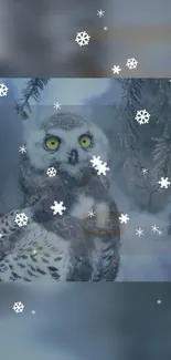 Snowy owl perched in a snowy forest with falling snowflakes.