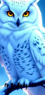 Majestic snowy owl perched on branch.