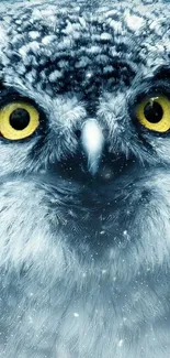 Close-up of a snowy owl with vibrant yellow eyes.