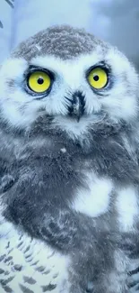 Stunning image of a snowy owl with bright yellow eyes in a winter landscape.