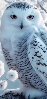 Elegant snowy owl perched on frosty branches in winter.