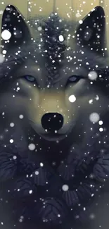 Beautifully illustrated wolf in snow with snowflakes falling.