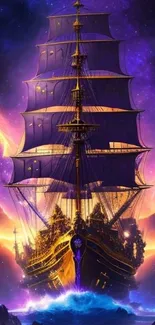 Majestic pirate ship sailing through a colorful galaxy with vibrant cosmic skies.