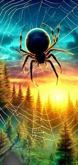 Spider on a web in a twilight forest with vibrant sunset colors.