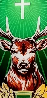 Illustrated stag on green background with cross symbol.