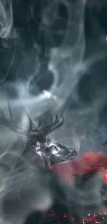 Majestic stag enveloped in smoke under a full moon at night.