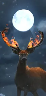 Stag with fiery antlers beneath a luminous moon in a dark, cloudy sky.