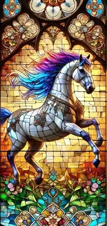 Stained glass artwork depicting a majestic horse.