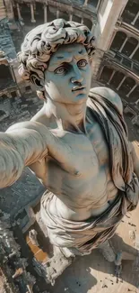 A monumental statue view in a historic arena setting with intricate architecture.