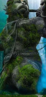 Majestic stone statue surrounded by lush jungle and waterfall.