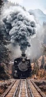 Vintage steam train in a scenic forest landscape mobile wallpaper.