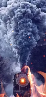 Majestic steam train with dark smoke in a scenic forest setting.