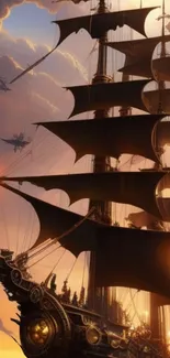 Steampunk airship sails majestically through the sky at sunset.