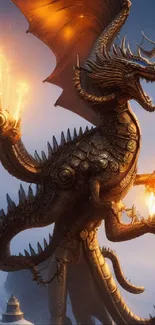 Steampunk dragon holds glowing lights against mountain backdrop.