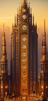 Steampunk tower with clocks glowing at sunset.