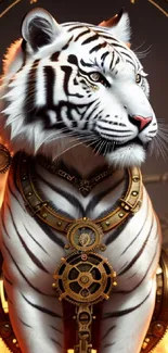 Majestic steampunk white tiger with gears and flames in digital art phone wallpaper.