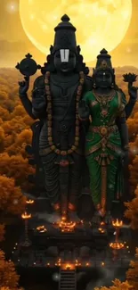 Stone deities in a golden forest with a sunset backdrop.