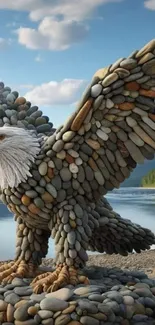 Majestic eagle made of stones by a tranquil river.