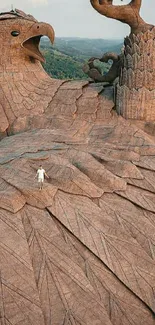 Person stands on giant stone eagle sculpture with scenery