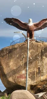 Majestic stone eagle sculpture against a clear blue sky background.