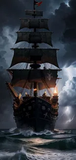 Majestic ship battles stormy seas under dark, dramatic skies illuminated by lightning.