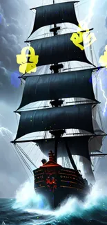 Majestic ship sailing through storm and lightning with dark clouds.