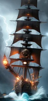 Majestic ship sailing through stormy seas and lightning.