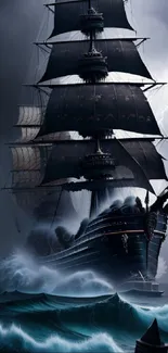 A majestic sailing ship in a dramatic storm with dark waves and lightning.