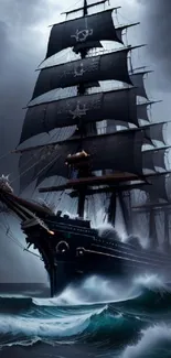 Majestic ship in a stormy sea with lightning.