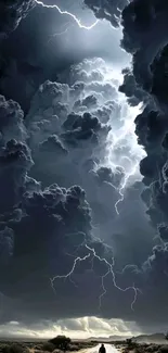 Dramatic storm clouds with lightning striking through the sky.