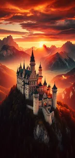 Dramatic sunset over a majestic mountain castle.