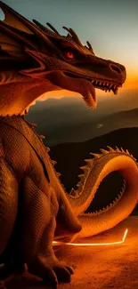 Majestic dragon at sunset with glowing orange sky.