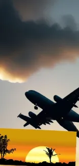 Airplane silhouette against vibrant sunset sky, creating a stunning wallpaper backdrop.