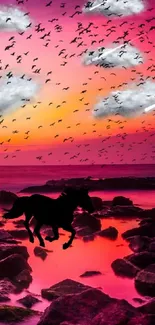 Horse silhouetted on a vibrant purple sunset background over rocky shores.