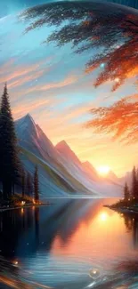 Majestic sunset with mountains and reflective lake