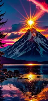 Vibrant sunset over a mountain reflecting in a serene lake.