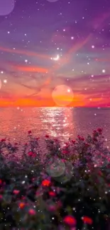 Vibrant evening sunset over the ocean with flowers and a crescent moon.