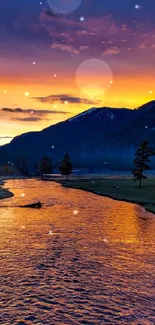 A stunning sunset over a river with forest and mountains.