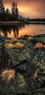 Serene sunset over lake with lush trees and vibrant orange sky.